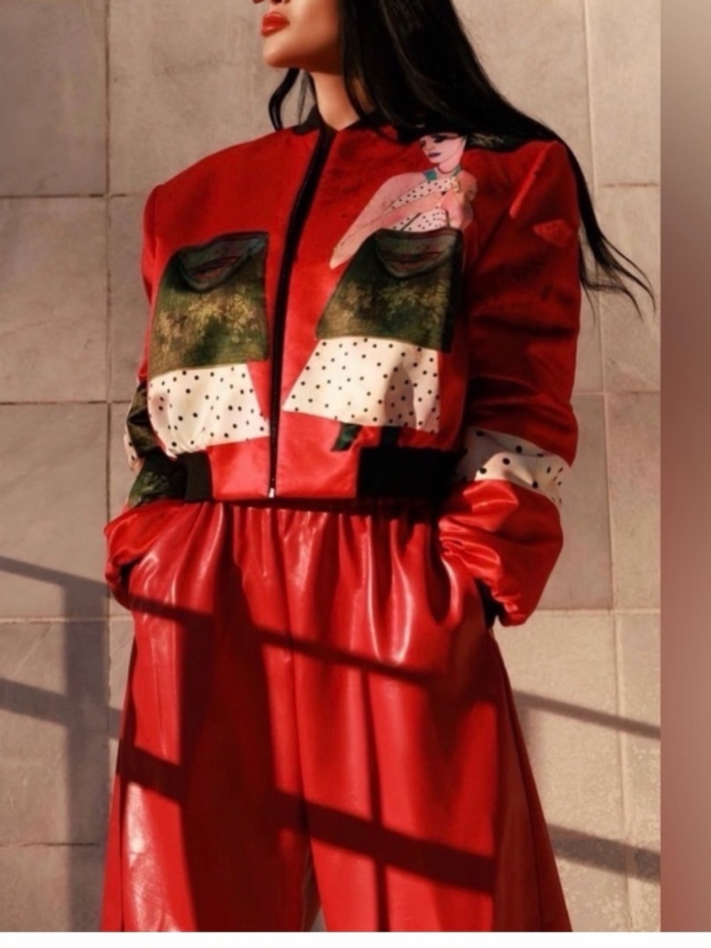 NWT Source Unknown Red Bomber Jacket with Artistic Print